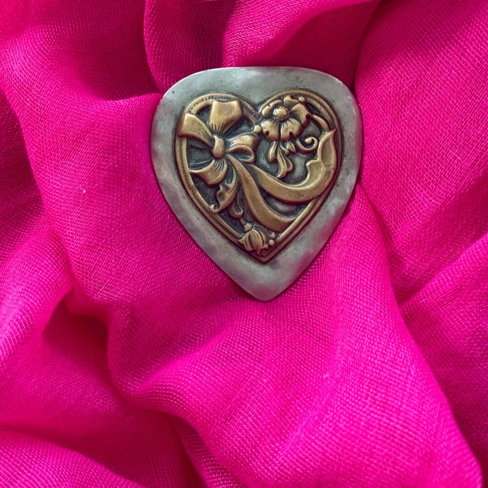 Louis Booth Signed Silver Heart Brooch – Vintage Mixed Metal, 12g, 2"